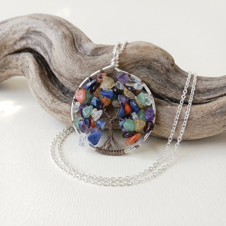 Wire Mixed Gemstone Tree Of Life Necklace