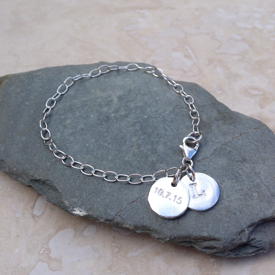 Personalised Silver Stamped Date Charm and Initial Keepsake Bracelet - DH2