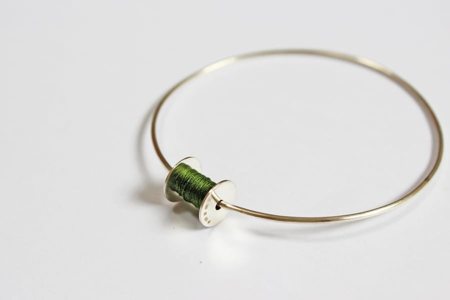 Cotton reel bangle, silver bangle, sewing bracelet
