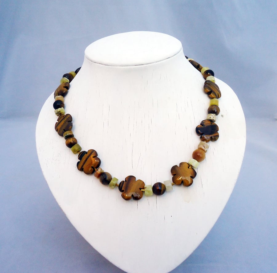 Genuine Yellow Opal and Tiger's Eye Necklace, Brown and Yellow Necklace