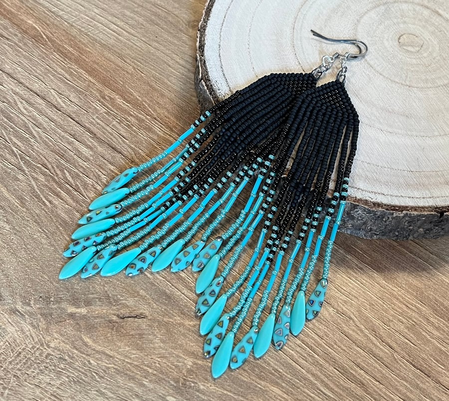 Long black and turquoise beaded fringe earrings 