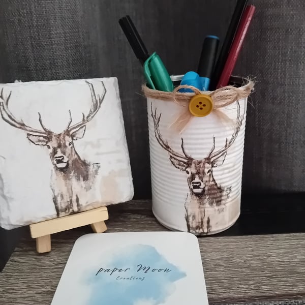 Desk tidy tin Coaster set -Stag