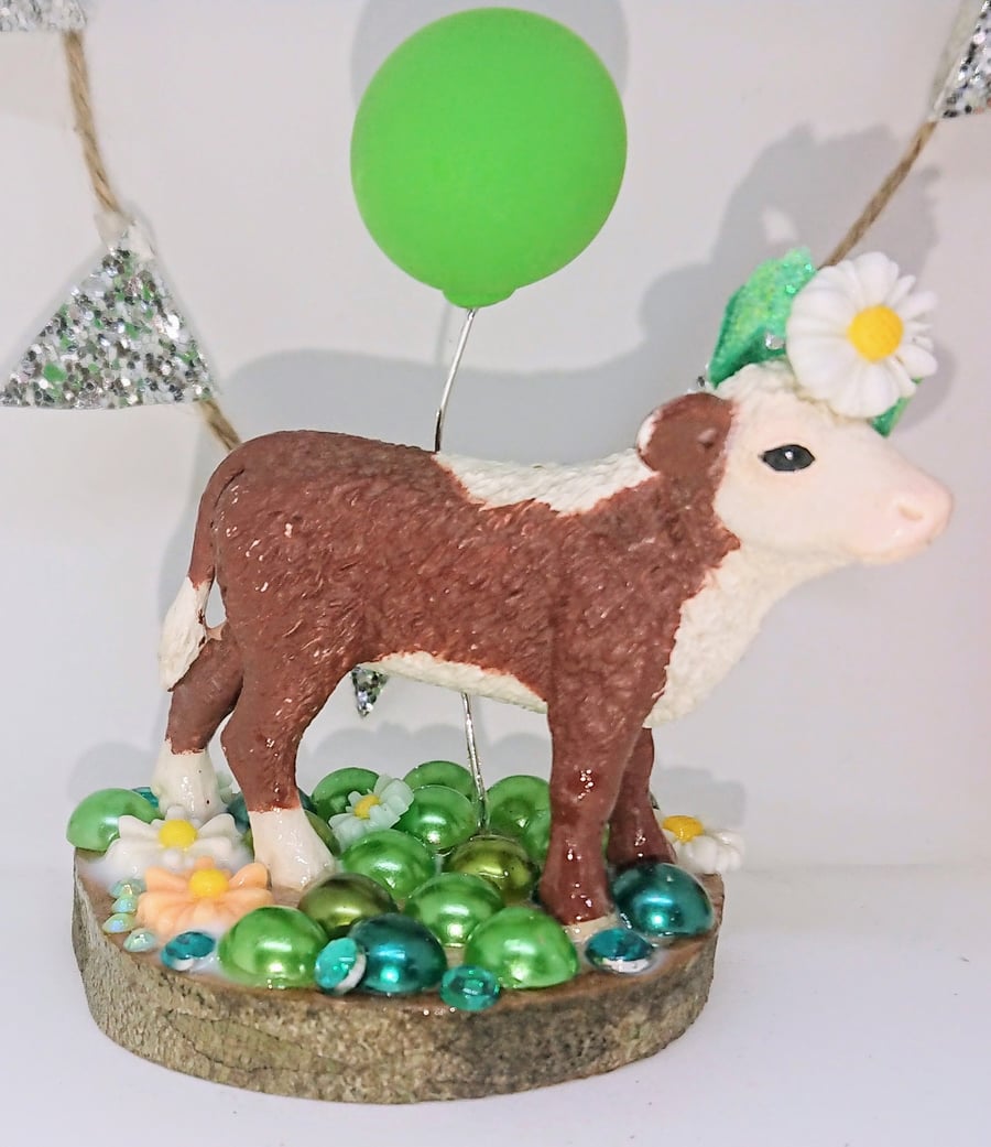 Cow With Daisies Scene Birthday Gift Collectable Keepsake Cake Topper 