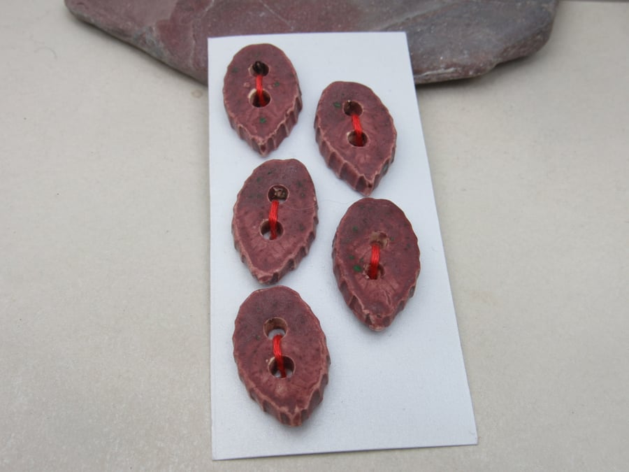 5 Small Leaf Shaped Damson Purple Ceramic Buttons