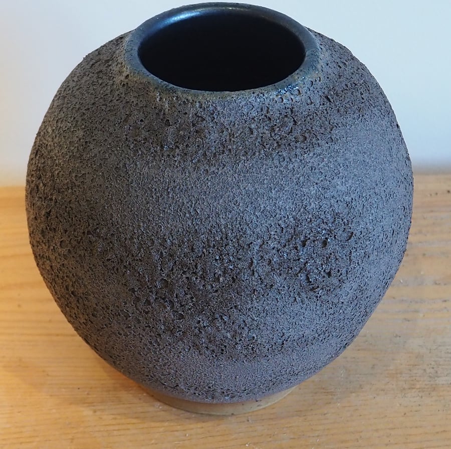 Dark charcoal lava texture moon jar, vase handmade pottery