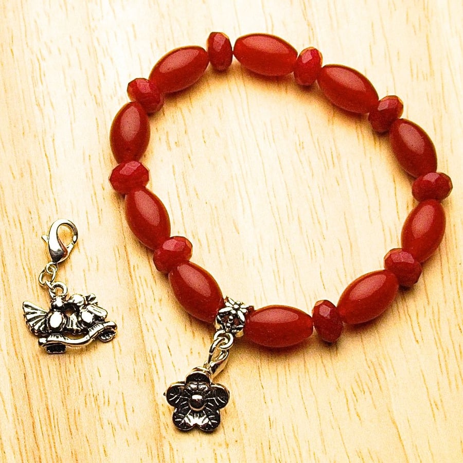Red Topaz Bracelet with Flower and Lovebirds Charms - UK Free Post