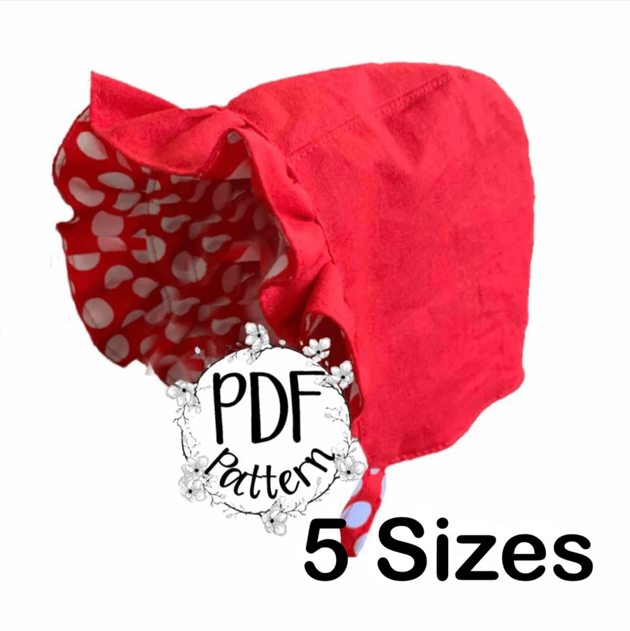 Childs bonnet PDF pattern, 3 styles, 4 sizes, with frill or peak. Girls or boys.