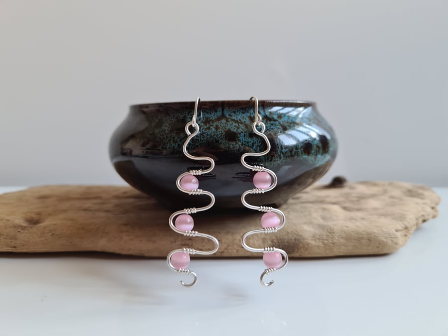 925 Silver & Pink Glass Cat Eye Dangle Earrings Earings Gift Jewellery Jewelry