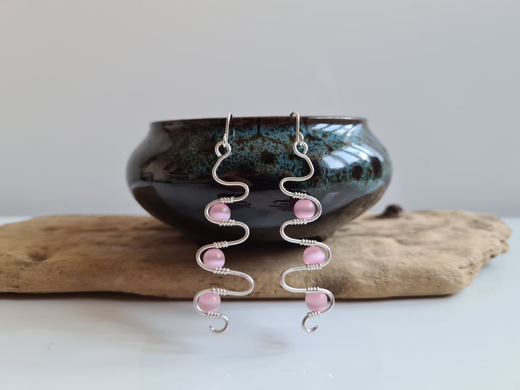 925 Silver & Pink Glass Cat Eye Dangle Earrings Earings Gift Jewellery Jewelry