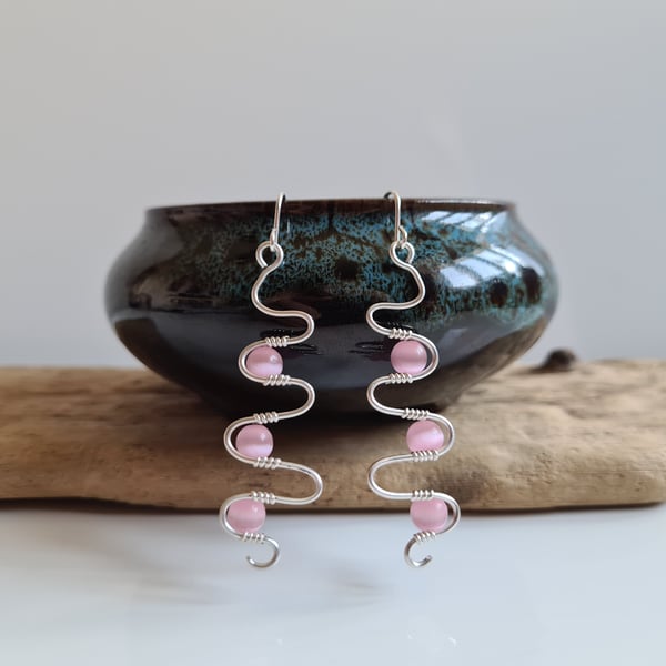 925 Silver & Pink Glass Cat Eye Dangle Earrings Earings Gift Jewellery Jewelry