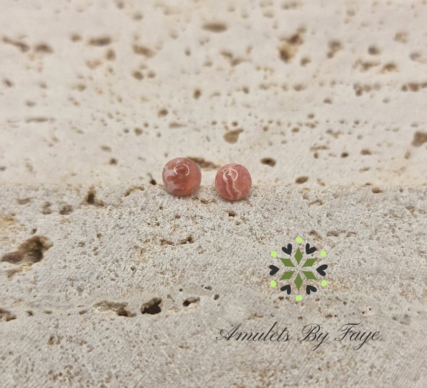 Sterling Silver Stud Earrings with 6mm Rhodochrosite Striped Gemstones.