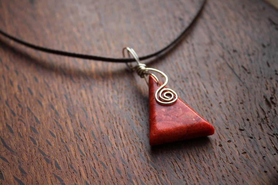 Silver Wire Wrapped Asymmetrical Coral Pendant on Brown Leather Necklet