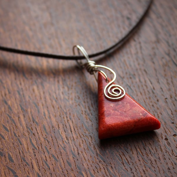 Silver Wire Wrapped Asymmetrical Coral Pendant on Brown Leather Necklet