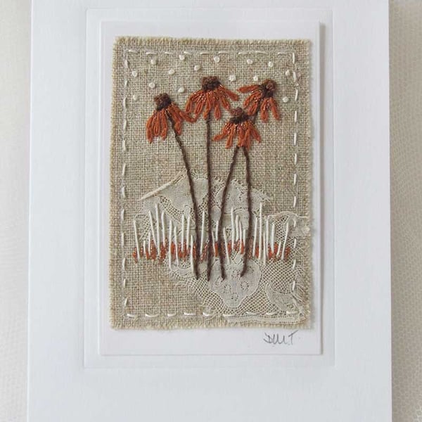 HAND EMBROIDERED GREETINGS CARD WINTER AUTUMN FLOWERS
