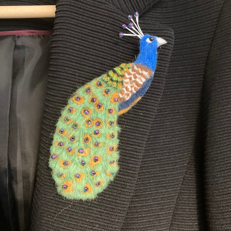 Needle felted peacock brooch