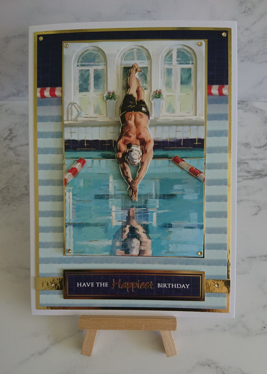 Birthday Card Olympics Swimmer Swimming Happy Birthday 3D Luxury Handmade Card