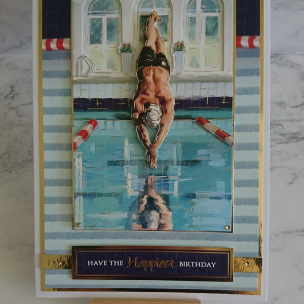 Birthday Card Olympics Swimmer Swimming Happy Birthday 3D Luxury Handmade Card