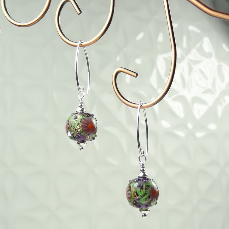 Green lampwork glass earrings, sterling silver, purple vines-flowers raised dots