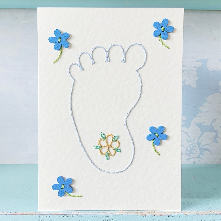 Hand Sewn Card. New Baby Card. Baby Boy Card. Baby Shower Card. Congratulations.