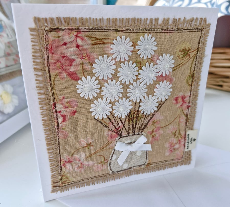 Bunch Flowers Easter Holidays Birthday Card Free Motion Embroidery Textile Art 