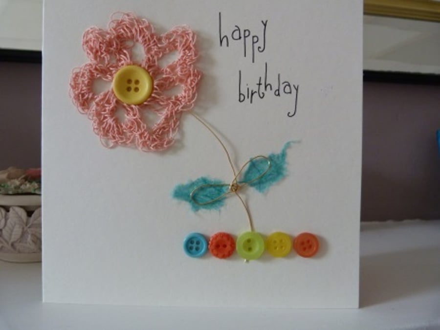 Peach Crochet Flower Birthday Card