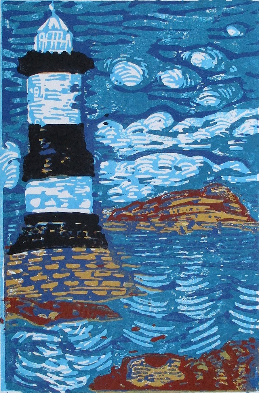 Anglesey Lighthouse Trwyn Du Original Hand Pressed Linocut Print Ltd Edition