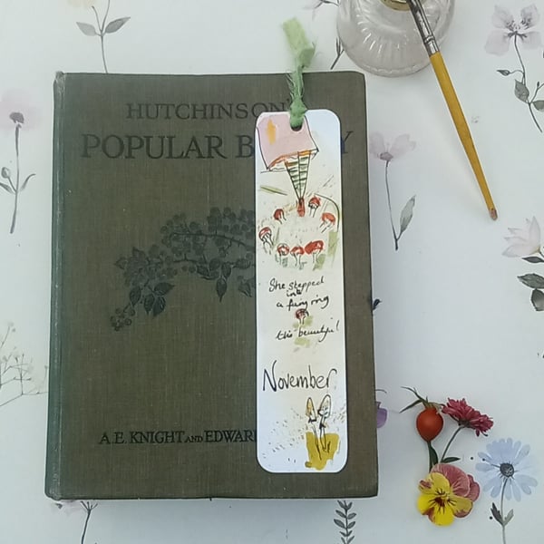 Hand drawn book mark . Autumnal toadstool 