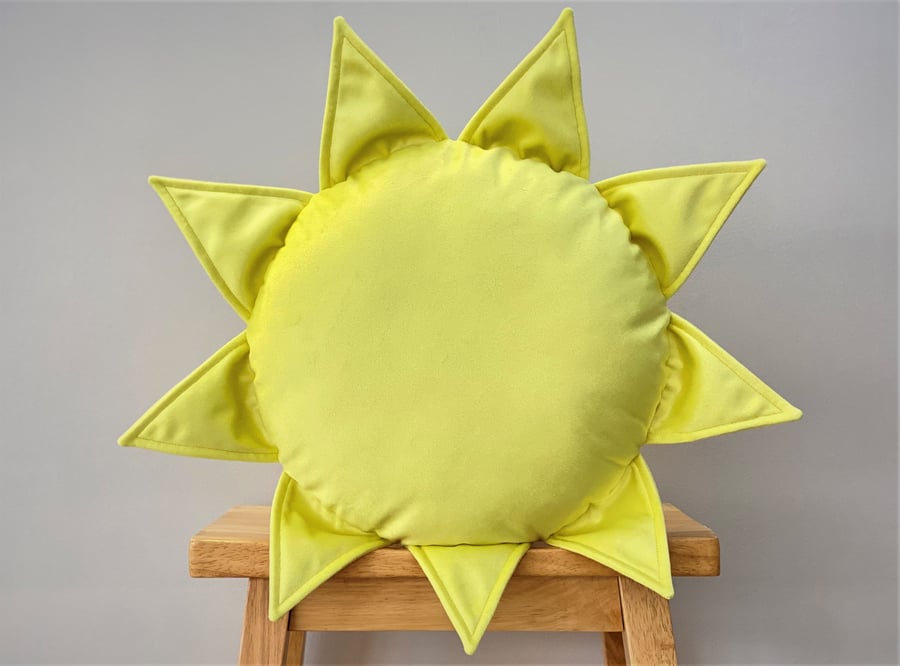 Yellow Velvet Sun Pillow – Handmade Sunshine Cushion for Nursery or Cosy Corner