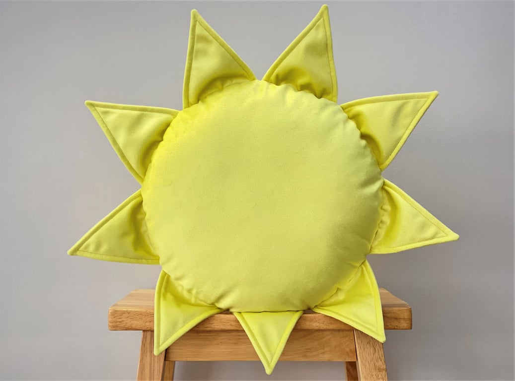 Yellow Velvet Sun Pillow – Handmade Sunshine Cushion for Nursery or Cosy Corner