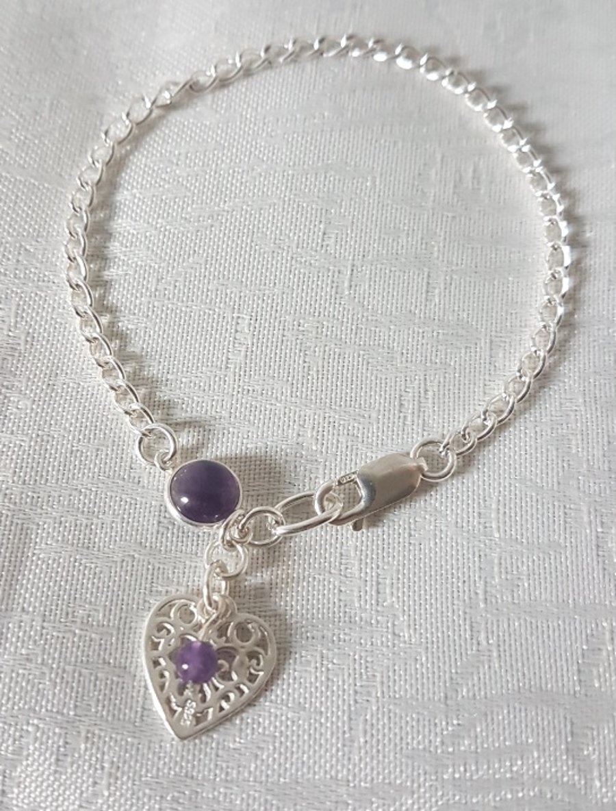 Beautiful Sterling Silver and Amethyst Chain Bracelet with heart charm