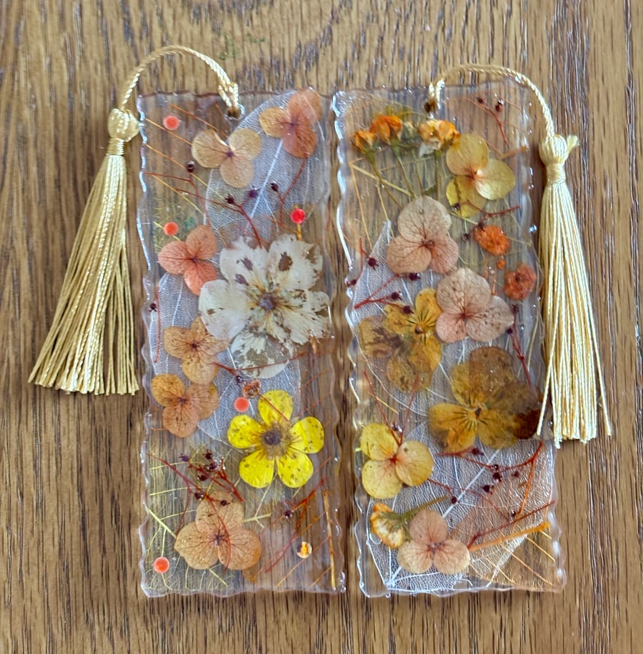 Autumn Themed Bookmarks With Skeleton Leaves And Pressed Flowers.