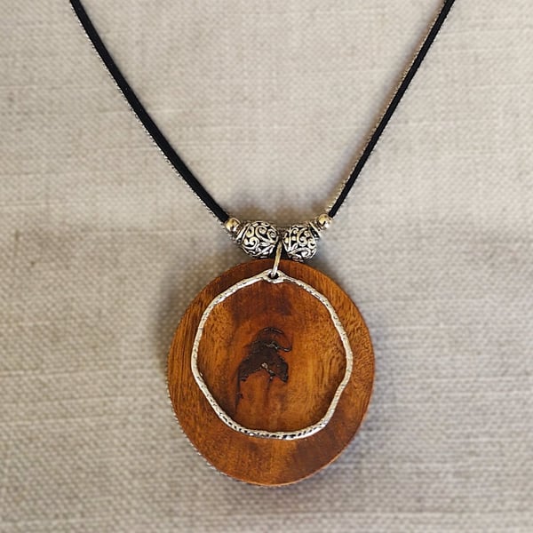 Upcycled Round Wood Pendant & Swinging Steel Ring Wood Silver Jewellery