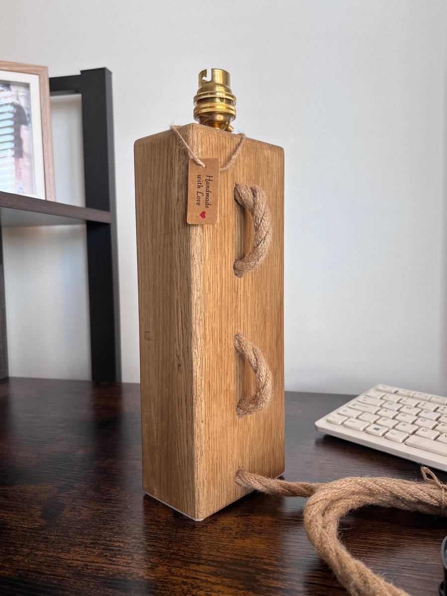 Modern Minimalist Oak Column Table Lamp – Handmade Tall Bedside Light