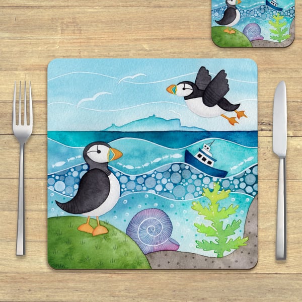 Placemat - Puffin Pair & Boat, East Neuk of Fife. Seaside Coastal Table Mats.