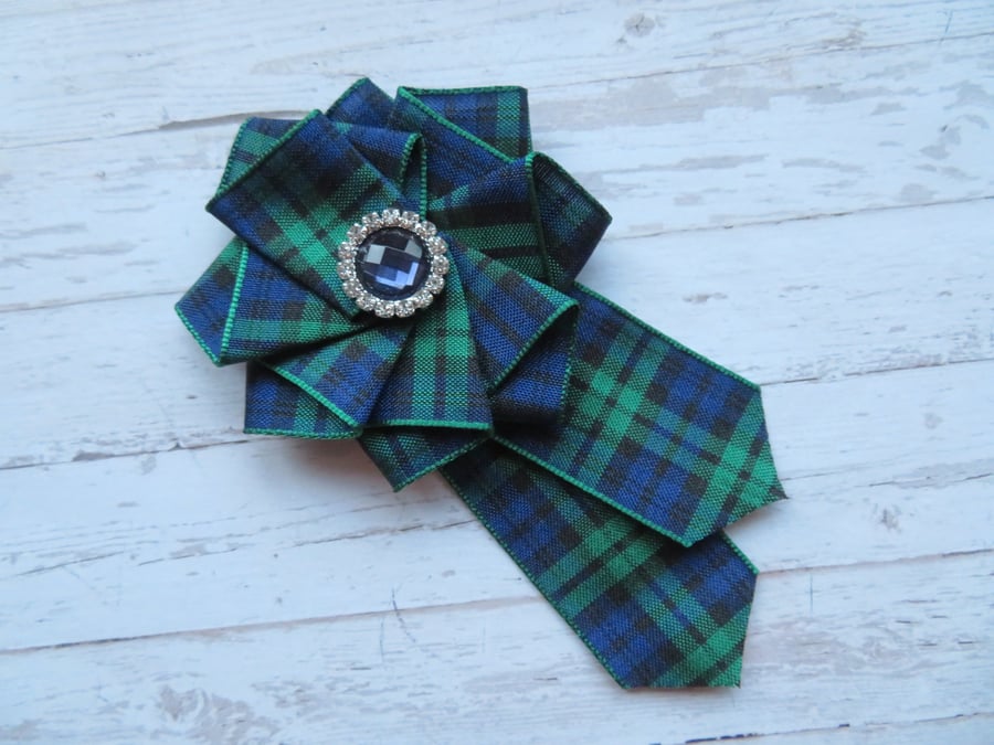 Black Watch Tartan Ruffle Rosette and Crystal Brooch Pin 