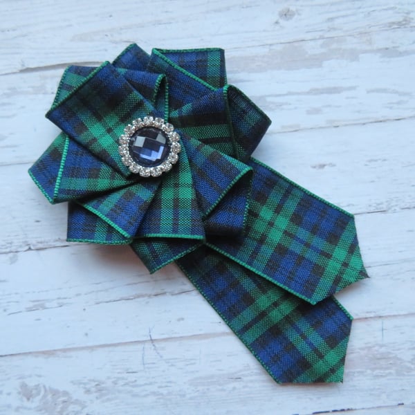 Black Watch Tartan Ruffle Rosette and Crystal Brooch Pin 