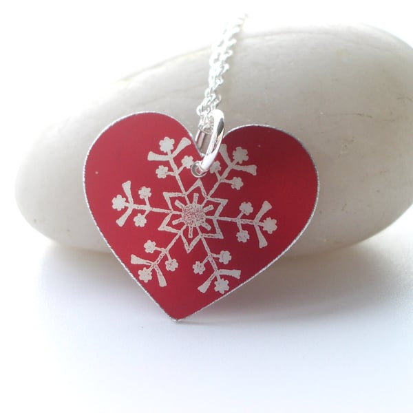 Christmas snowflake heart pendant in red