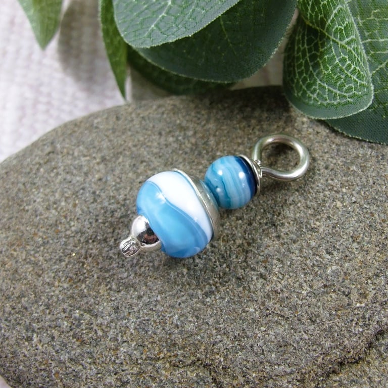 Blue Waves Glass Bead Pendant, Sterling Silver with Agate - Chain is Optional