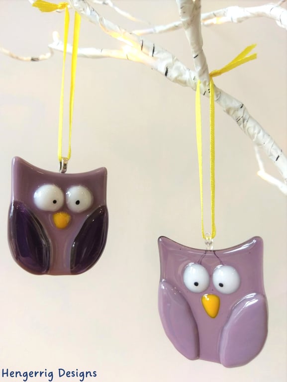 Purple Fused Glass Owls