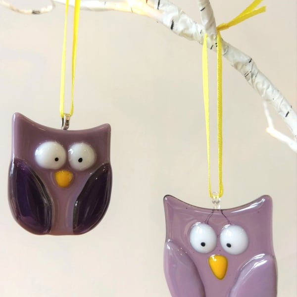 Purple Fused Glass Owls