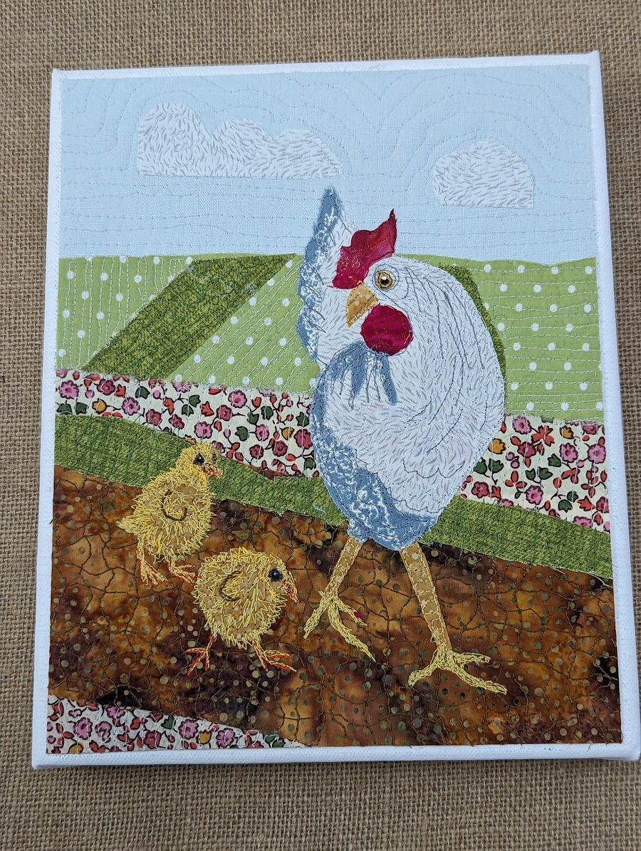 Hen and chicks textile artwork 