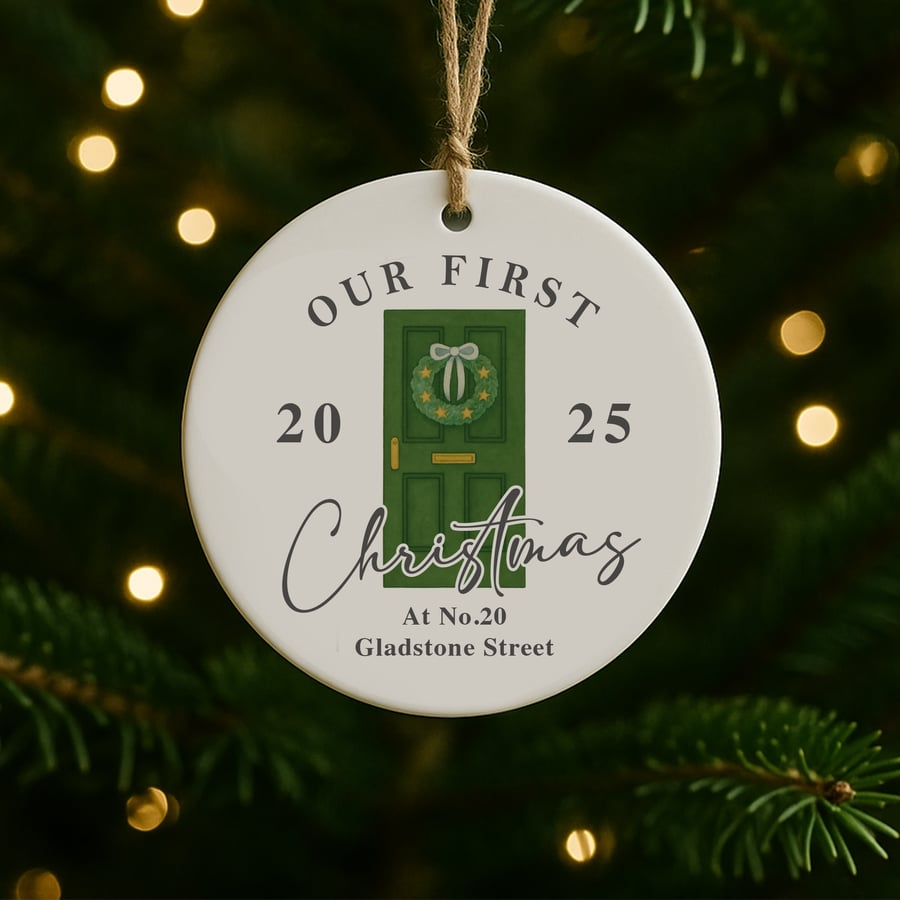 Personalised First Christmas New Home Ornament – Custom Address and Year Bauble 
