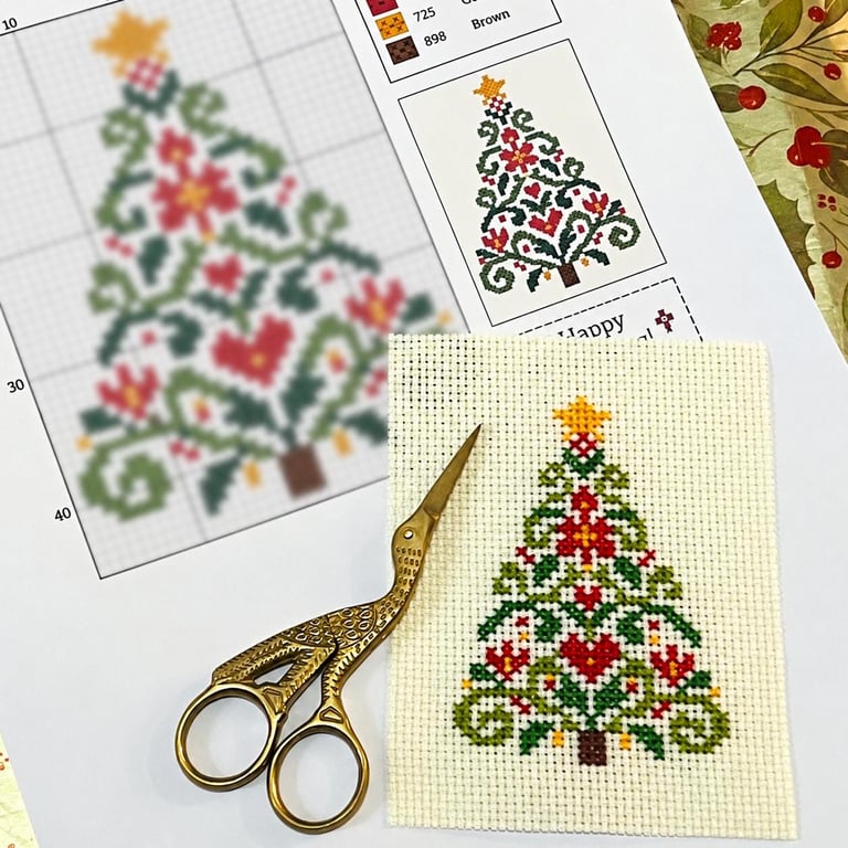 Simple Nordic Scandi Christmas Floral Fir Tree Counted Cross Stitch Pattern PDF 