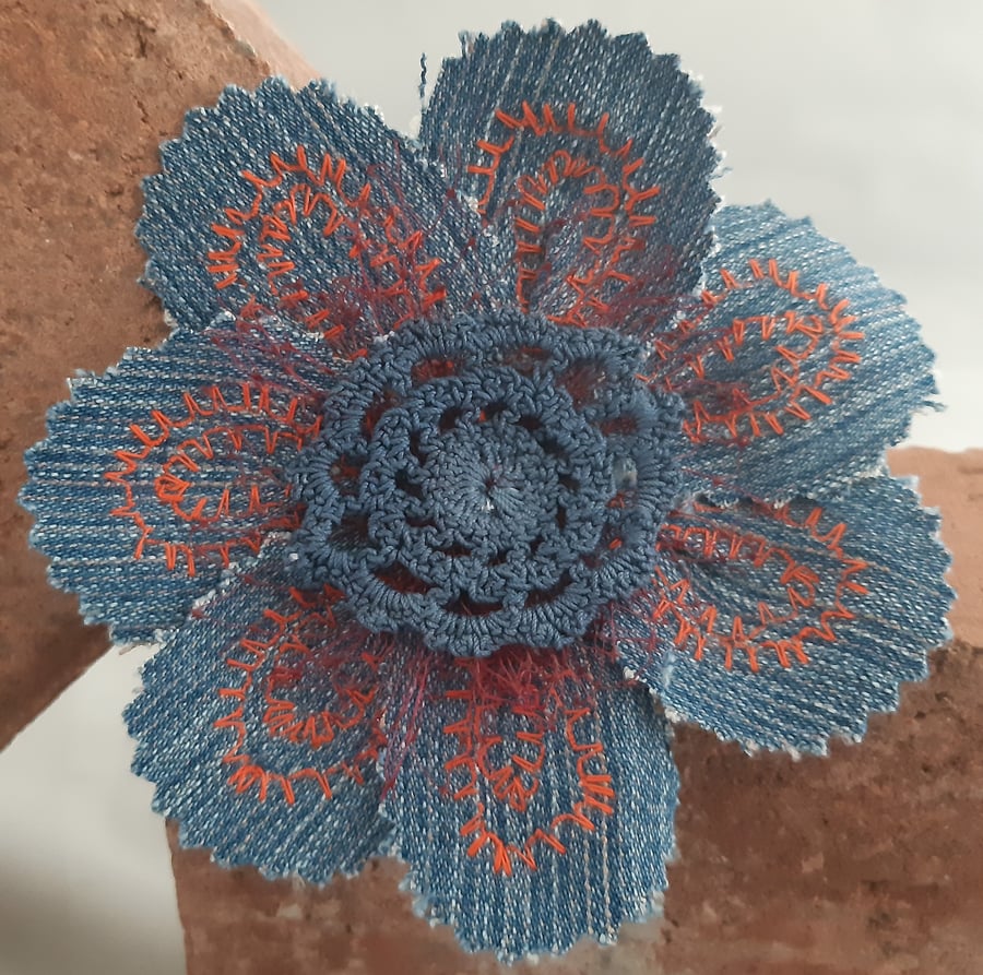 Denim Flower Brooch - Blue Crocheted Lace
