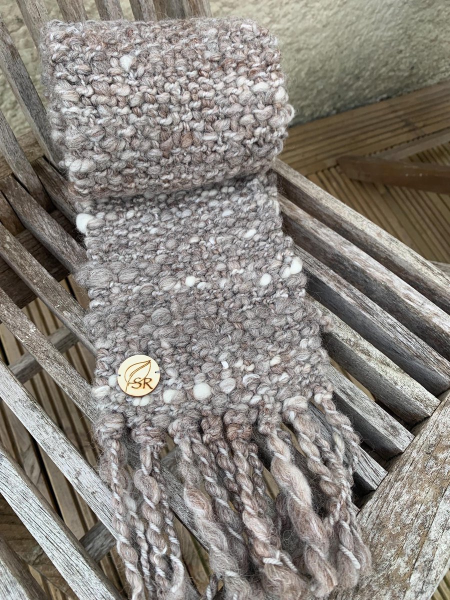 Image of Handspun and woven soft brown art scarf