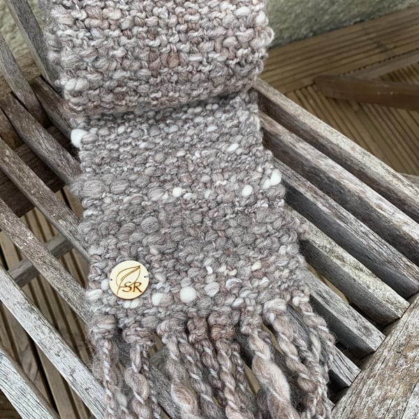 Handspun and woven soft brown art scarf