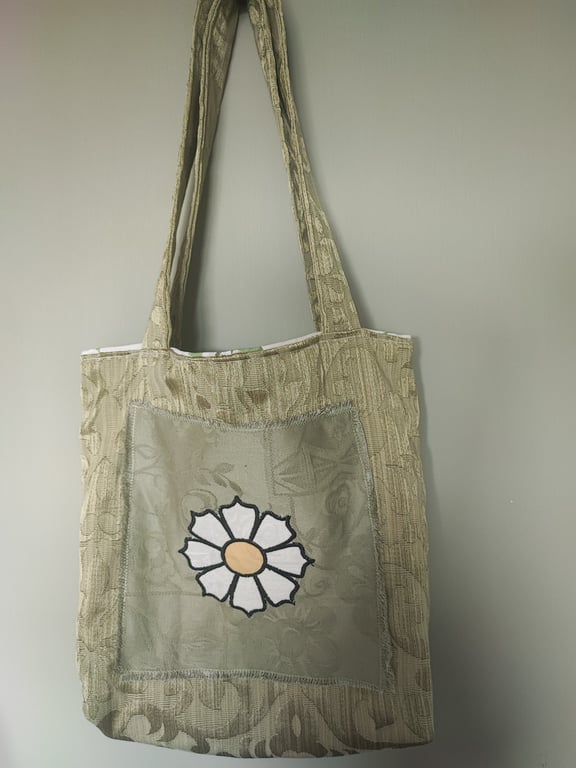Tote Bag, green colour with large white flower embroidery, applique