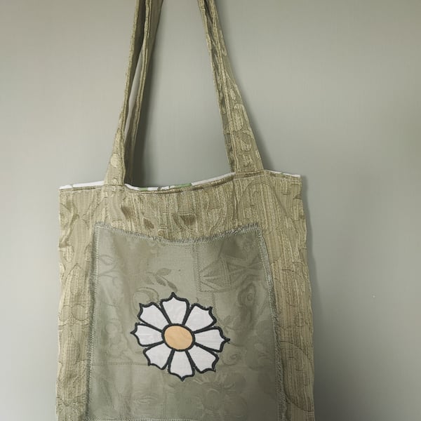 Tote Bag, green colour with large white flower embroidery, applique