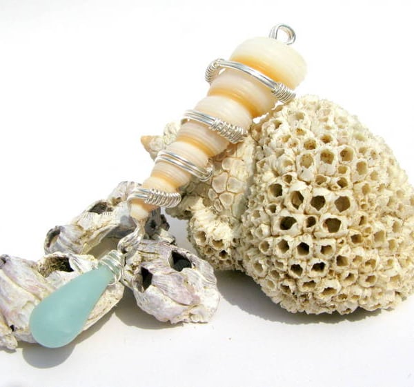 Wire wrapped shell pendant necklace with pale aqua sea glass polymer drop
