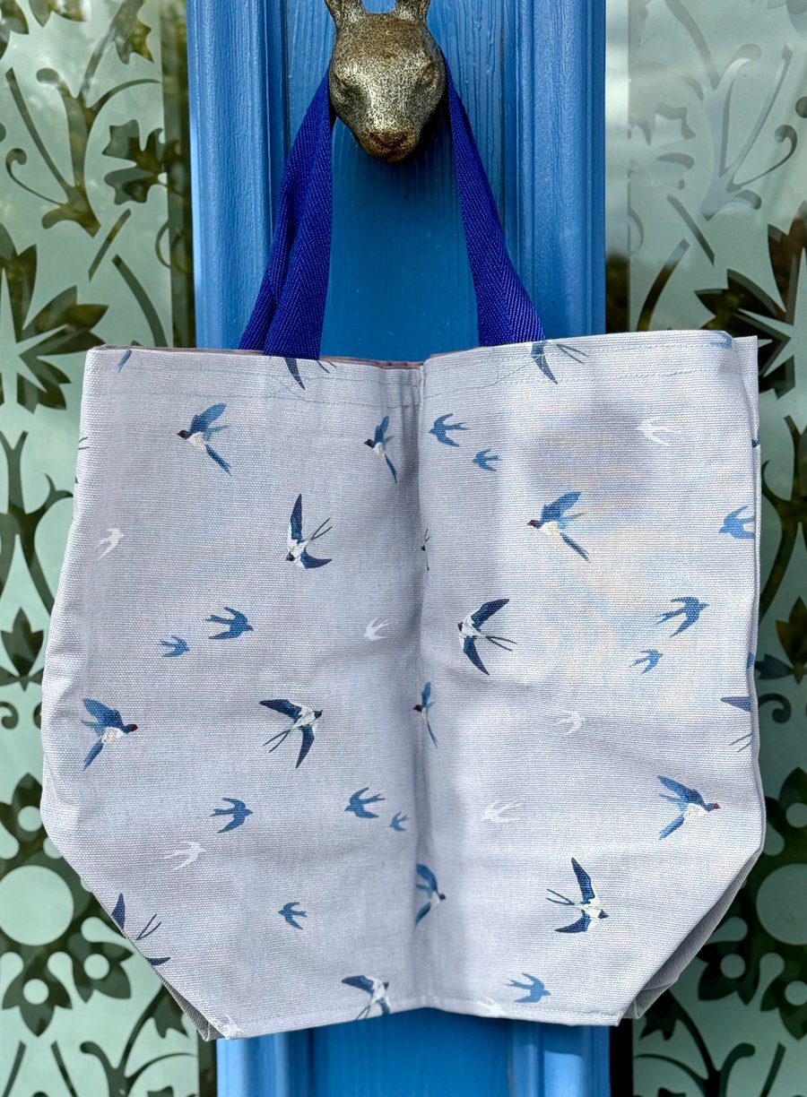 Small nature-inspired tote bag - swifts on soft grey with royal blue webbing